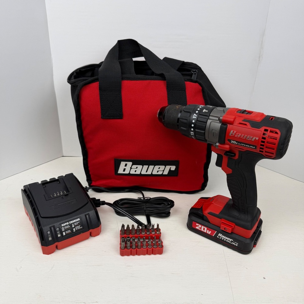 Bauer 20V Lithium 1/2" Cordless Hammer Drill Kit Battery Charger Bag Bits